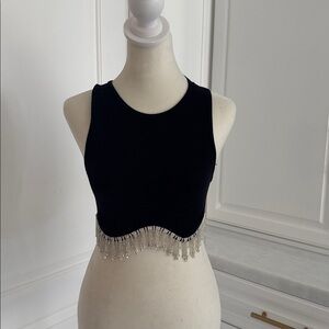 Zara New Black ribbed Crop Top with rhinestone Fringe. Size XS